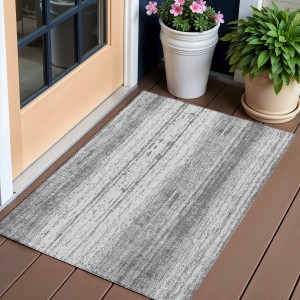 3' X 5' Gray And Ivory Striped Washable Indoor Outdoor Area Rug