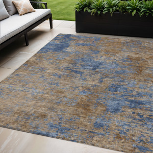 5' X 8' Navy Blue And Brown Abstract Washable Indoor Outdoor Area Rug