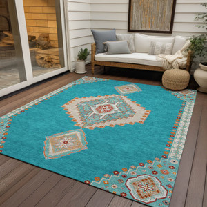 3' X 5' Teal Blue Brown And Ivory Oriental Washable Indoor Outdoor Area Rug
