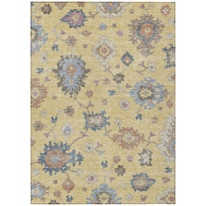 3' X 5' Gold Brown And Blue Floral Washable Indoor Outdoor Area Rug