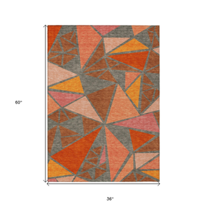 3' X 5' Rust Gray And Pink Geometric Washable Indoor Outdoor Area Rug