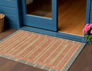 3' X 5' Pewter And Gold Striped Washable Indoor Outdoor Area Rug