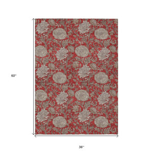 3' X 5' Red Taupe And Beige Floral Washable Indoor Outdoor Area Rug