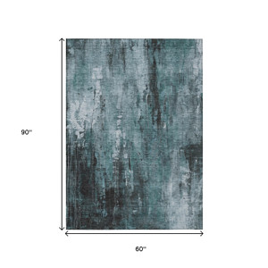 5' X 8' Teal Blue Gray And Ivory Abstract Washable Indoor Outdoor Area Rug - Teal Blue, Gray, Ivory