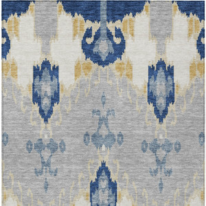 5' X 8' Navy Blue Ivory And Gray Ikat Washable Indoor Outdoor Area Rug