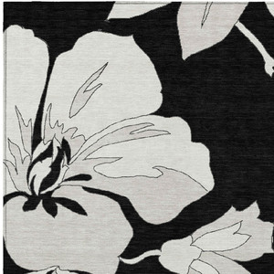 5' X 8' Black Gray And Silver Floral Washable Indoor Outdoor Area Rug