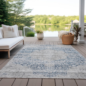 3' X 5' Blue And Ivory Oriental Washable Indoor Outdoor Area Rug