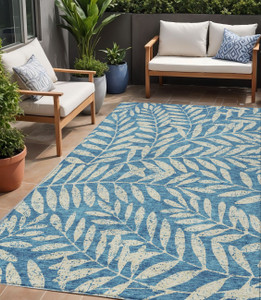 5' X 8' Teal Blue And Ivory Floral Washable Indoor Outdoor Area Rug - 608219172626