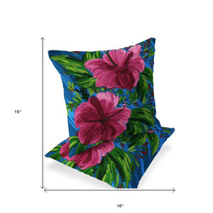 Set of Two 16" X 16" Blue and Pink Blown Seam Floral Indoor Outdoor Throw Pillow - 606114819103