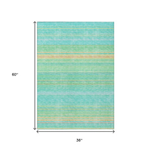 3' X 5' Aqua Green And Yellow Striped Washable Indoor Outdoor Area Rug