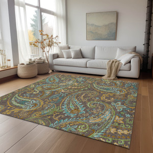 3' X 5' Brown Aqua and Gold Paisley Washable Non Skid Indoor Outdoor Area Rug