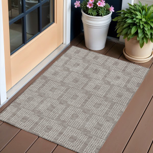 3' X 5' Taupe And Ivory Geometric Washable Indoor Outdoor Area Rug - 608219036478