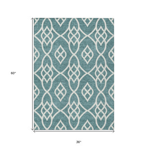 3' X 5' Teal Blue And Ivory Trellis Washable Indoor Outdoor Area Rug