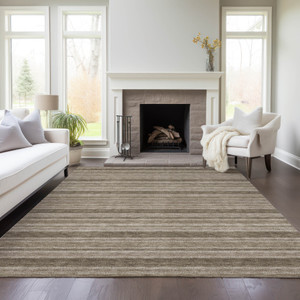 5' X 8' Taupe Striped Washable Indoor Outdoor Area Rug