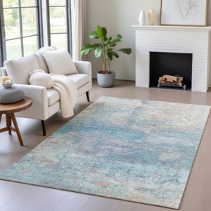 5' X 8' Aqua And Beige Abstract Washable Indoor Outdoor Area Rug - 880016757262