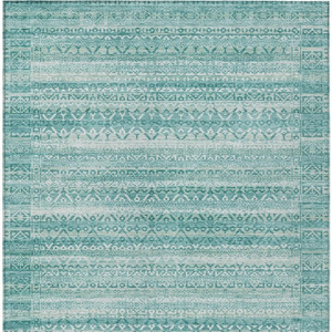 3' X 5' Aqua And Ivory Striped Washable Indoor Outdoor Area Rug