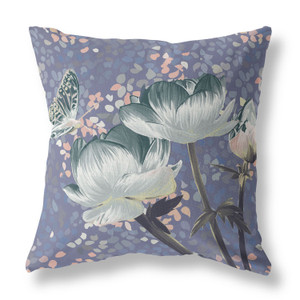 16" X 16" Dark Blue And Grey Blown Seam Floral Indoor Outdoor Throw Pillow