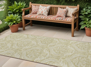 8' Runner Light Green Damask Washable Non Skid Indoor Outdoor Runner Rug