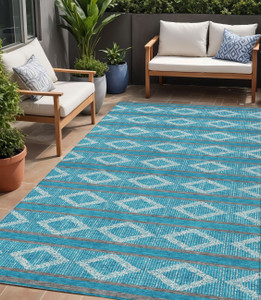 5' X 8' Teal Blue Gray And Ivory Geometric Washable Indoor Outdoor Area Rug