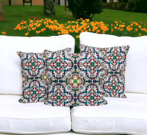 Set of Three 16" X 16" Green and White Blown Seam Floral Indoor Outdoor Throw Pillow Polyester