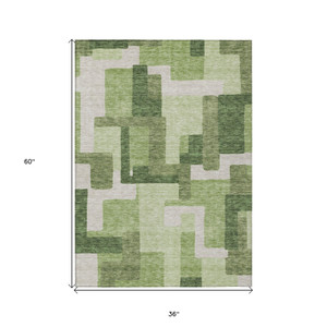 3' X 5' Artichoke Green And Ivory Abstract Washable Indoor Outdoor Area Rug - Artichoke Green, Ivory