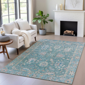 3' X 5' Teal Blue And Beige Floral Washable Indoor Outdoor Area Rug