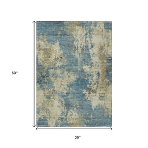 3' X 5' Blue And Beige Abstract Washable Indoor Outdoor Area Rug - 880016562903