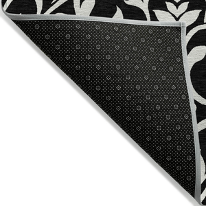 3' X 5' Black And Ivory Floral Washable Indoor Outdoor Area Rug