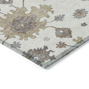 5' X 8' Ivory Gray And Taupe Floral Washable Indoor Outdoor Area Rug