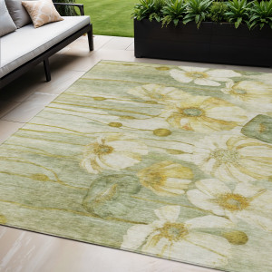 5' X 8' Sage Fern Green And Ivory Floral Washable Indoor Outdoor Area Rug - Sage, Fern Green, Ivory