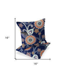Set of Two 16" X 16" Blue and Orange Blown Seam Floral Indoor Outdoor Throw Pillow - 606114841821