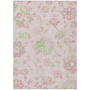 5' X 8' Pink Blush And Artichoke Green Floral Washable Indoor Outdoor Area Rug
