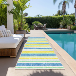 2' X 8' Blue Yellow and Green Striped Washable Non Skid Indoor Outdoor Runner Rug