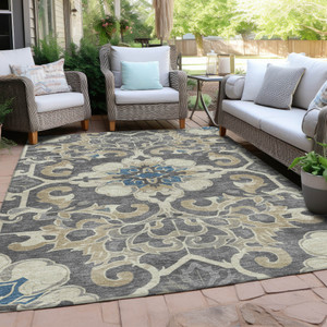 3' X 5' Beige And Charcoal Damask Washable Indoor Outdoor Area Rug