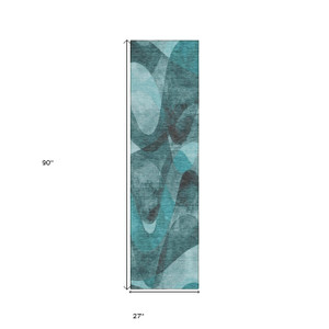 8' Runner Teal Abstract Washable Non Skid Indoor Outdoor Runner Rug Contemporary Style - Teal Blue Color
