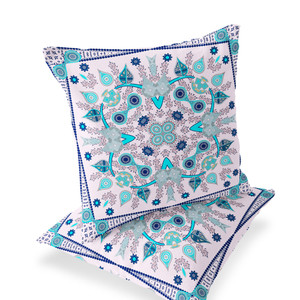 Set of Two 16" X 16" Blue and Pink Blown Seam Paisley Indoor Outdoor Throw Pillow