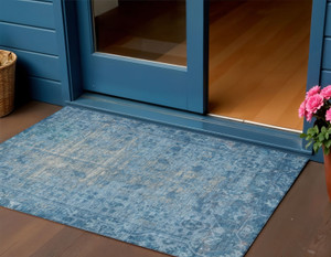 3' X 5' Blue Oriental Washable Indoor Outdoor Area Rug