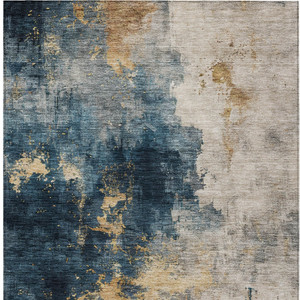 3' X 5' Blue Gray And Gold Abstract Washable Indoor Outdoor Area Rug - Blue, Gray, Gold