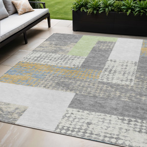 5' X 8' Gray Ivory And Mint Green Geometric Washable Indoor Outdoor Area Rug