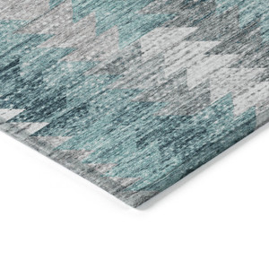 5' X 8' Dark Blue Aqua And Gray Geometric Washable Indoor Outdoor Area Rug