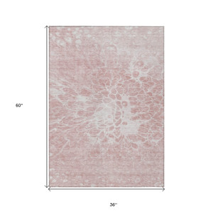 3' X 5' Pink Blush And Ivory Abstract Washable Indoor Outdoor Area Rug