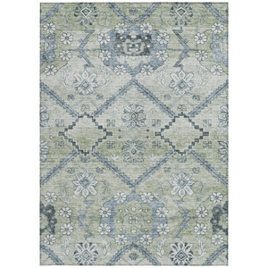 5' X 8' Artichoke Green Denim Blue And Silver Floral Washable Indoor Outdoor Area Rug