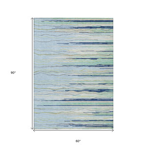 5' X 8' Sky Blue Aqua And Gray Striped Washable Indoor Outdoor Area Rug