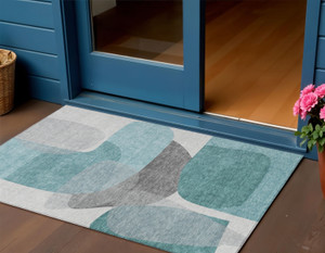 3' X 5' Teal Blue And Gray Abstract Washable Indoor Outdoor Area Rug - 880016408041