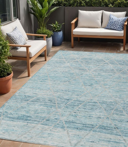 5' X 8' Teal Blue And Ivory Trellis Washable Indoor Outdoor Area Rug - 880016859515