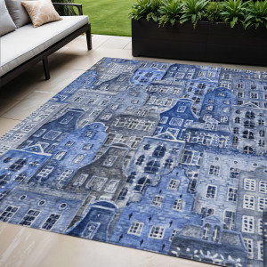 5' X 8' Navy Blue And Sky Blue Village Houses Washable Indoor Outdoor Area Rug