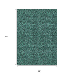 5' X 8' Teal Blue Green And Charcoal Floral Washable Indoor Outdoor Area Rug