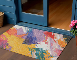 3' X 5' Gold Purple And Teal Blue Abstract Washable Indoor Outdoor Area Rug