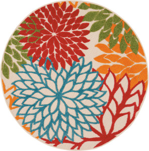 4' Green Orange Red And Blue Round Floral Indoor Outdoor Area Rug