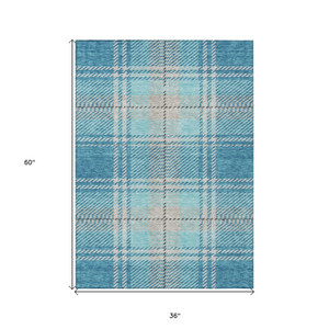 3' X 5' Teal Blue Gray And Brown Plaid Washable Indoor Outdoor Area Rug